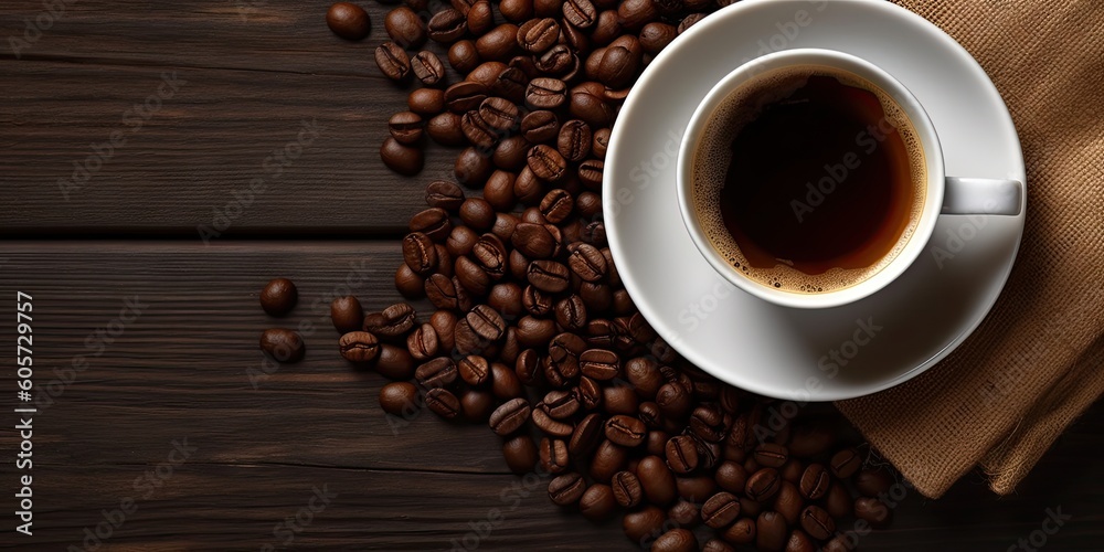 Top View Temptation. Coffee Cup on a Wooden Table with Coffee Beans