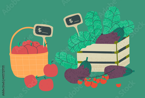 Local product market. Basket with apples, wooden box with eggplant and lettuce. Vector flat trend illustration with textures.