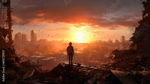 Game art piece that captures a significant moment in the middle of a hero's journey through a post - apocalyptic world. The protagonist, a resilient survivor, stands at the threshold of a crumbling ci