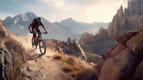 A daring rider navigating a rugged, rocky trail, with a breathtaking mountain vista, adventure riding concept, AI generative © Onchira