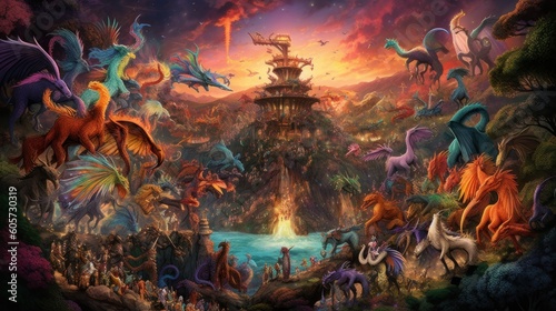 Artwork showcasing a diverse array of legendary creatures from folklore and mythology, such as dragons, griffins, unicorns, and phoenixes, gathered in a majestic and awe - inspiring setting