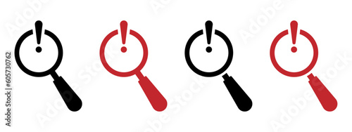 Risk analysis vector icons set. Exclamation magnifier vector illustrations set