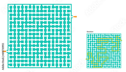 Rectangular shape labyrinth maze game green colored with the solution path