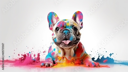 Bulldog Francés Manchado de Pintura y Feliz en Fondo Blanco. IA Generativa photo
