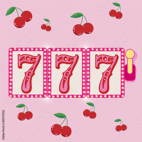 Pink slot machine wins the jackpot. 777 The concept of victory. Vector illustration EPS10.