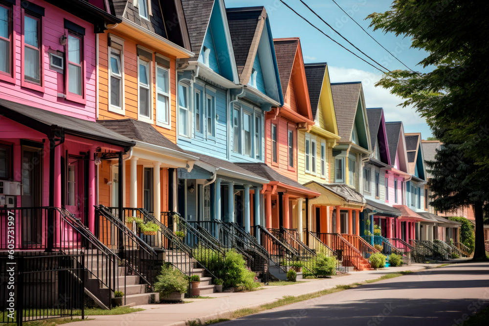 Row of colorful townhouses, Generative AI