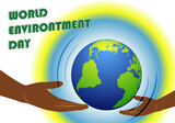 Día mundial del medio ambiente. Mano de adulto  entrega el planeta Tierra limpio de contaminantes a su hija o hijo