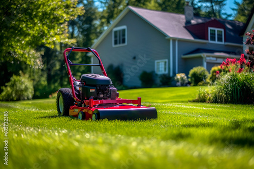 Lawnmower and Freshly mowed lawn, Generative AI