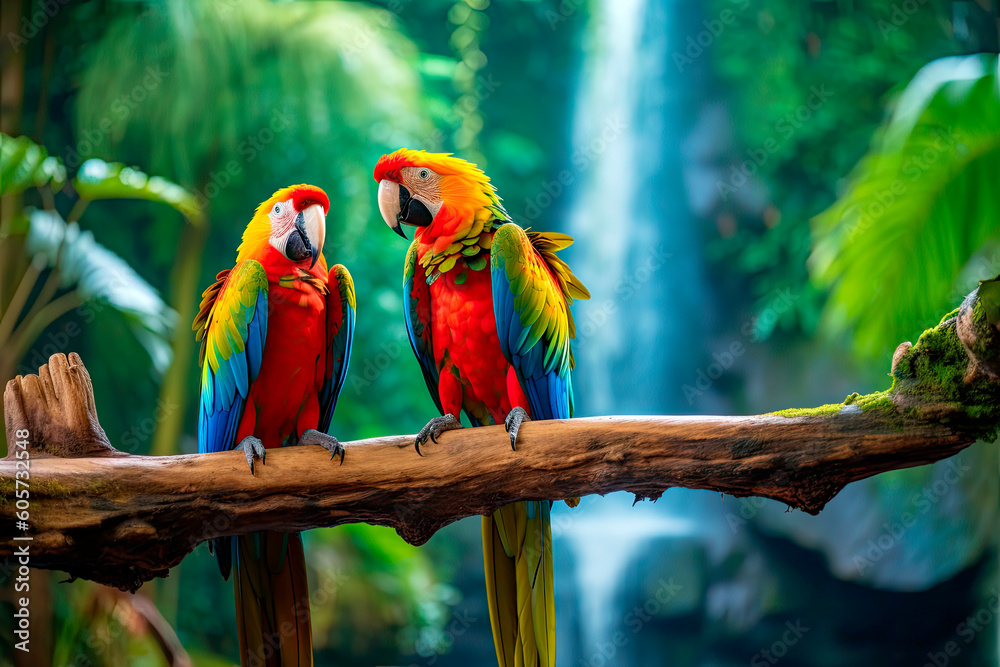 Colorful parrots in a rainforest, Generative AI
