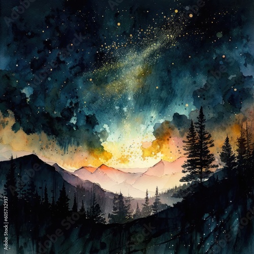Magical night sky watercolor painting. Generative AI illustration