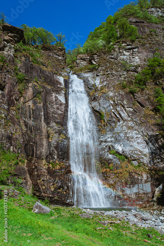 A waterfall in the Maggia Valley  one of the largest valleys in the Canton Ticino  near the town of Ascona  Switzerland - May 2023