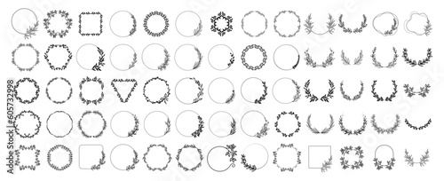 Set of black laurels frame the branches. Collection of vintage wreaths. Hand drawn vector decorative elements for logo, wedding invitation, banner, packaging