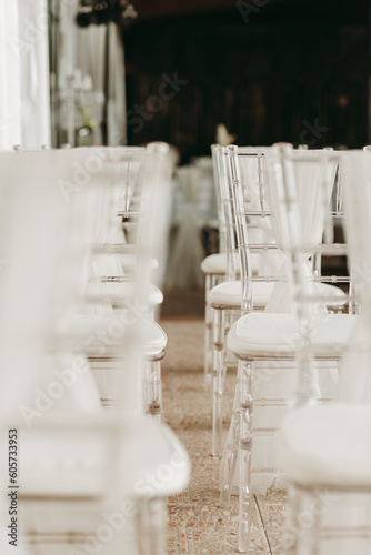 Beautiful wedding venue with white and beige details decoration