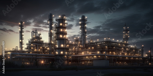 Oil and gas industry refinery at night, panoramic image. Generative Ai