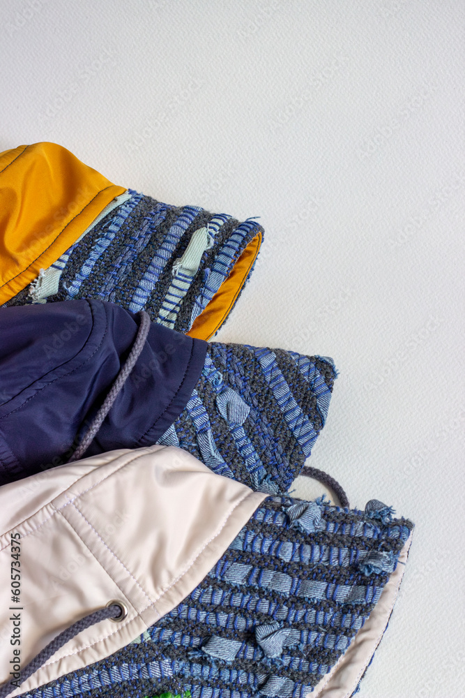 Panama hats made from recycled fabric. Recycling of textiles. Fabric ...