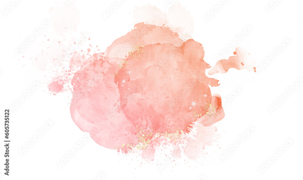 Pastel rose or pink watercolor brush stroke splash with luxury golden frame and glitter gold lines round contour frame for banner or logo wedding elements	
