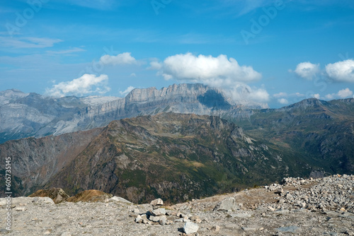 Beautiful summer landscape of Plate desert and chain Fiz range or Fiz rocks  of Faucigny massif , French Prealps seen from Brevent mountains, Chamonix, Haute Savoie, France photo