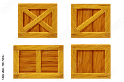Set Wooden box, delivery container in cartoon style, game asset isolated on white background. Wood packing, open textured.
