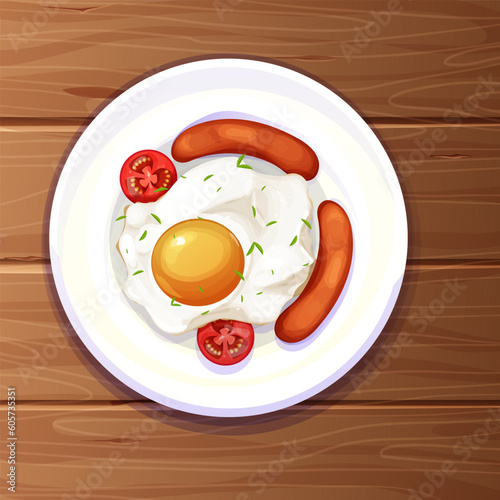Egg and tomatos fried on plate, kitchen wooden table top view decorated with tablecloth in cartoon style. Morning food