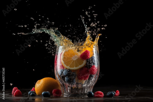 Refreshment fruit cocktail with orange  raspberry  blueberry  lime and lemon splashes on black background  an explosion of taste from different fruits  AI Generated