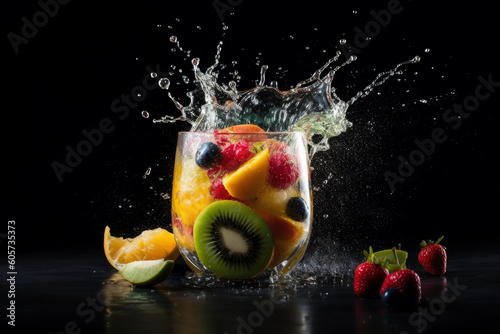 Refreshment fruit cocktail with orange  lemon  raspberry  strawberry  blueberry and kiwi splashes on black background  an explosion of taste from different fruits  AI Generated