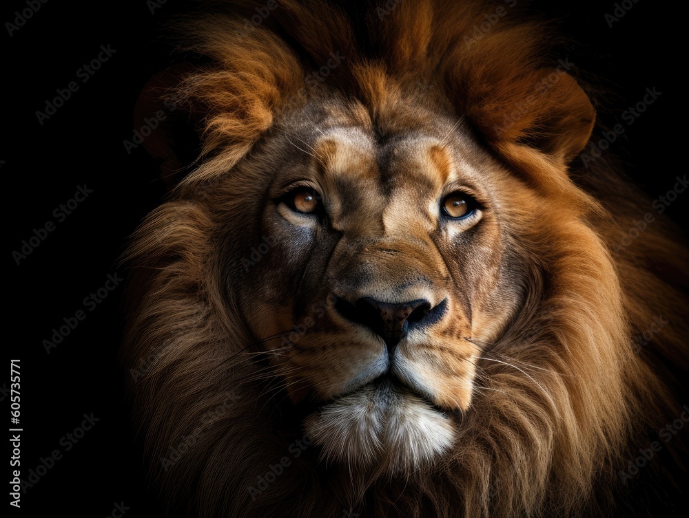 Portrait of a close up lion king isolated on black.