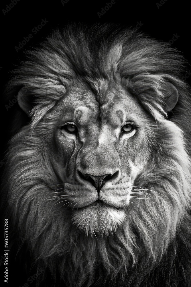 Portrait of a close up lion king isolated on black. Black and white.