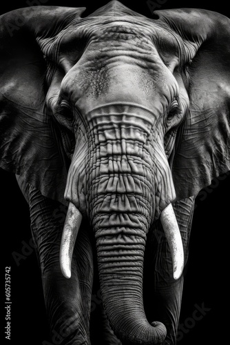 Close up of elephant isolated on black. Black and white photography.