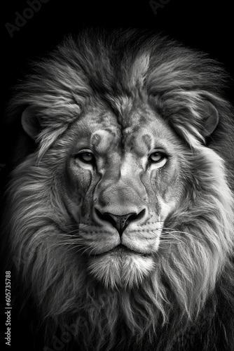Portrait of a close up lion king isolated on black. Black and white.