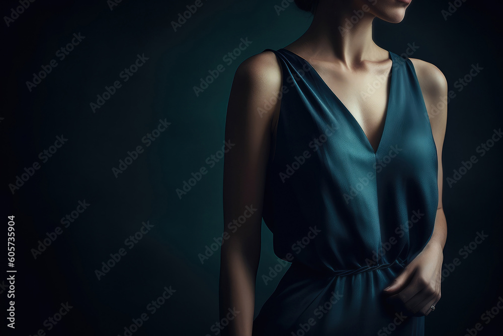 Beautiful Young Woman in Dark Blue Dress against Neutral Background