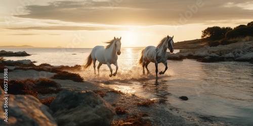Close-up of white horses run along the coast through water.