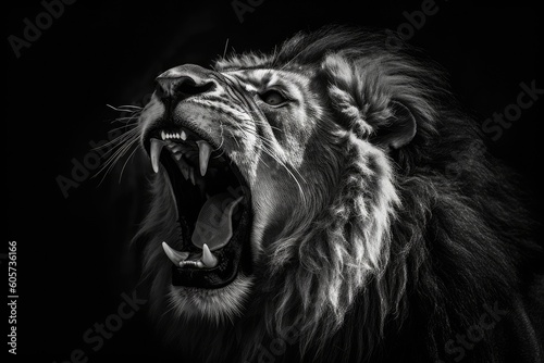 Portrait of a close up lion king isolated on black. Black and white photography. © radekcho