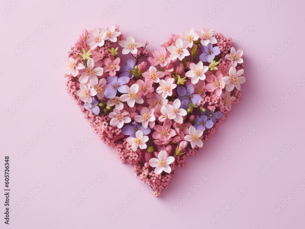 Top view arrangement of colorful flowers with heart shape placed on pink background. Mother's Day Background with copy-space.