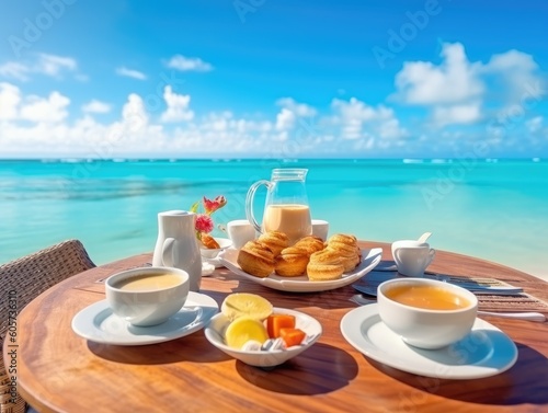 Luxury breakfast table beautiful tropical sea sky background. Idyllic romantic morning love couples time at summer holiday. Honeymoon romance vacation concept. Travel and lifestyle, destination dining