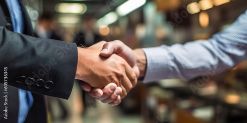 Business partnership meeting. Picture businessmans handshake. Successful businessmen handshaking after good deal. Horizontal, blurred background.