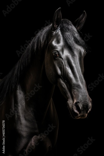 Portrait of black horse isolated on black background