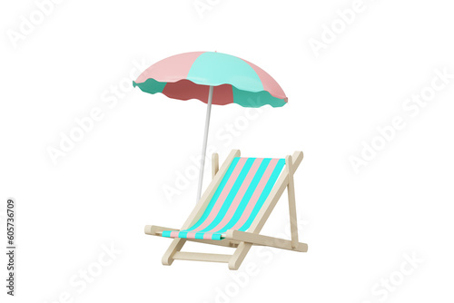 3d render beach chair and umbrella isolated on clear png background. Summer pink vacation with elements minimal cute Design  Summer theme.