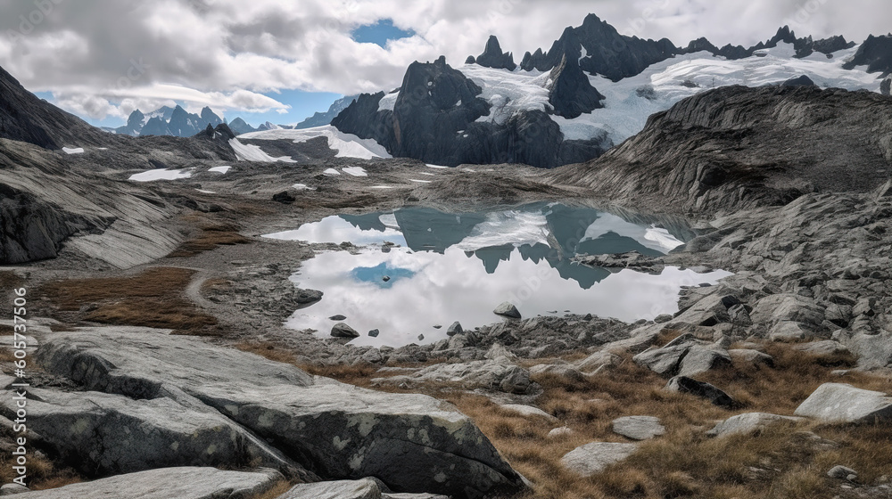 Obraz premium view of melting glacier with mountains in the background.