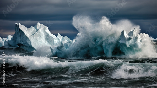 waves hitting glacier ice blocks.