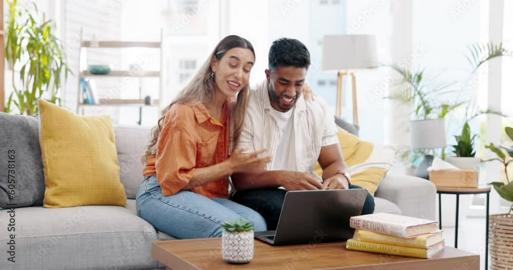 Good news, video call and happy couple with laptop celebrating on sofa, hug and excited in living room. Online, winner and man embrace woman in celebration of lottery, success or home loan approval Good news, video call and happy couple with laptop celebrating on sofa, hug and excited in living room. Online, winner and man embrace woman in celebration of lottery, success or home loan approval