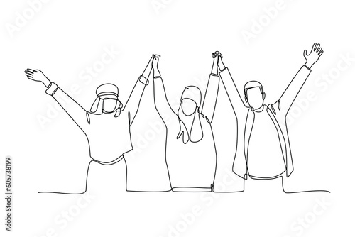 Single one-line drawing friendship of three students. Diversity in college concept. Continuous line drawing illustration