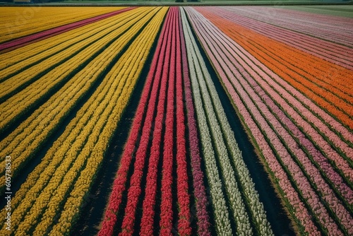 Mesmerizing drone view at flower fields in Netherland, created with generative AI