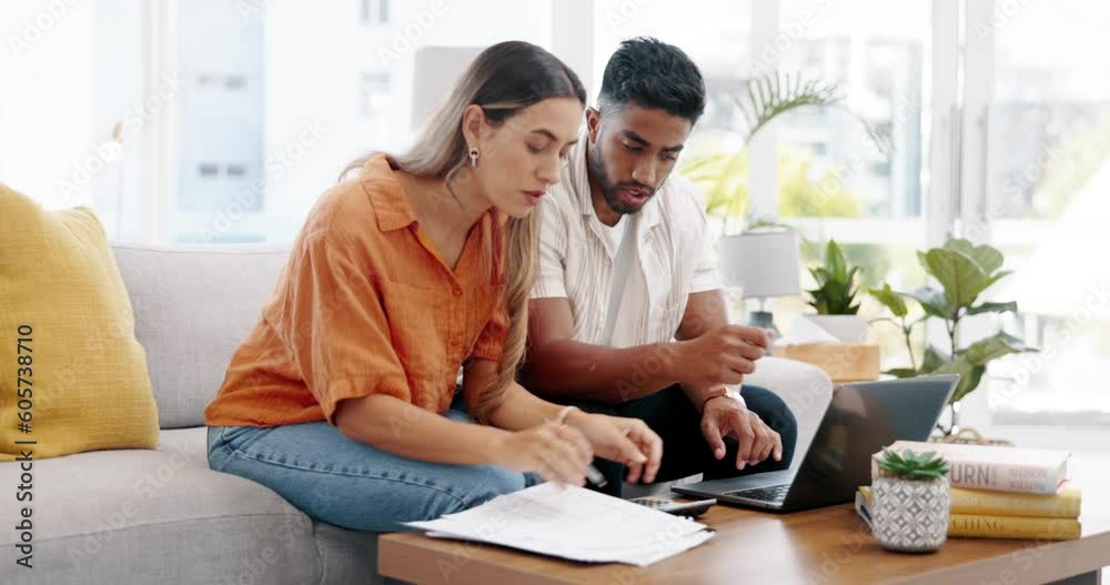 Couple, laptop and calculate bills for budget, financial planning and administration of online banking at home. Man, woman and finance of paperwork, savings and investment growth, insurance and taxes Couple, laptop and calculate bills for budget, financial planning and administration of online banking at home. Man, woman and finance of paperwork, savings and investment growth, insurance and taxes