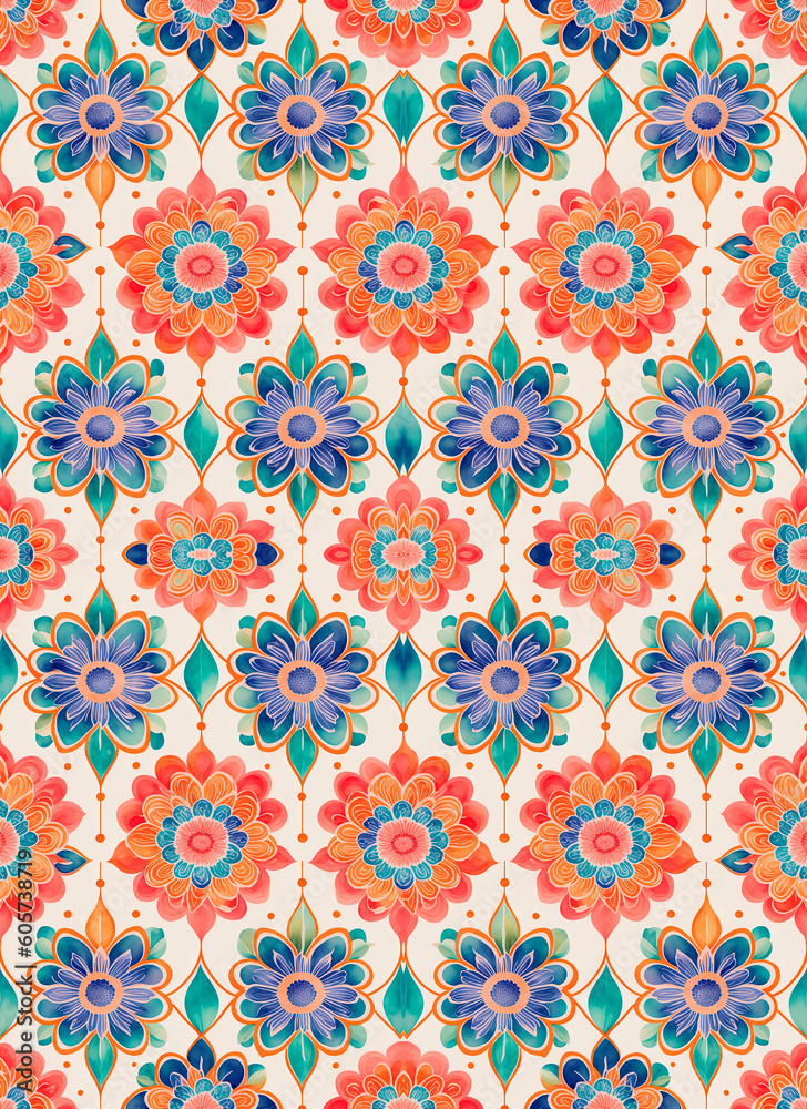 pattern of abstract orange flowers shapes and lines in retro style. Rapport seamless of Mandalas shapes and abstract flowers for wallpaper. Generative AI pattern of abstract orange flowers shapes and lines in retro style. Rapport seamless of Mandalas shapes and abstract flowers for wallpaper. Generative AI