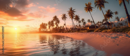 A beautiful beach with coconuts trees at sunset, Generative AI