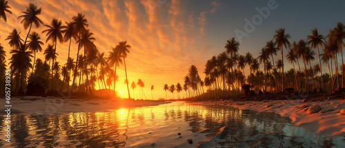 Fotografija A beautiful beach with coconuts trees at sunset, Generative AI