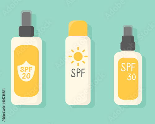 Set of sunscreen spray, sun protection, SPF products in flat style