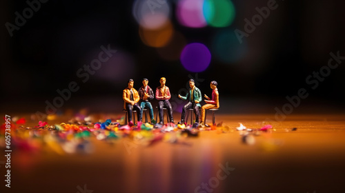 Group of mini people sitting on chairs with confetti around and black background.