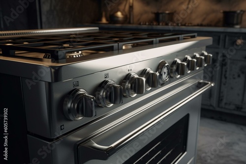 Steel gas range with oven, 3D model. Generative AI