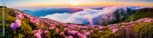 Blooming rhododendron in the mountains above the clouds. Vibrant photo wallpaper. Image of exotic landscape. 